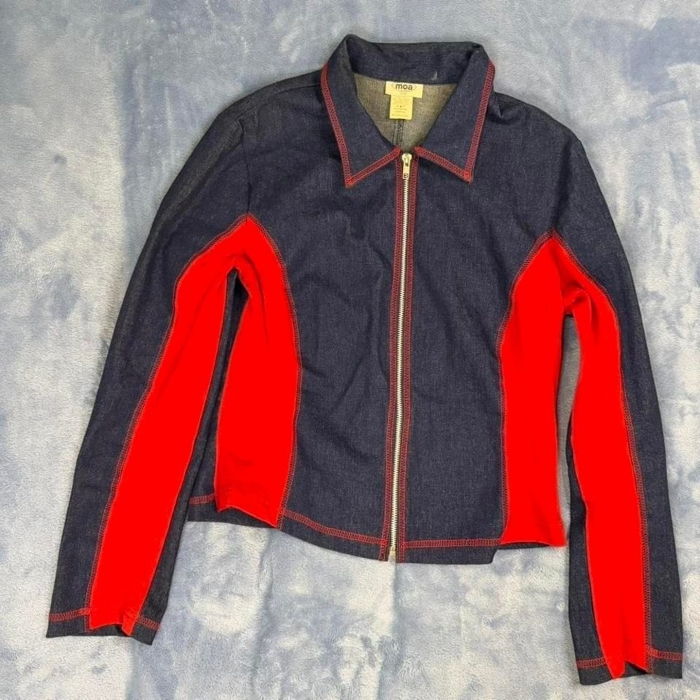 Vintage Moa USA navy blue‎ denim jacket with red accents Size XL